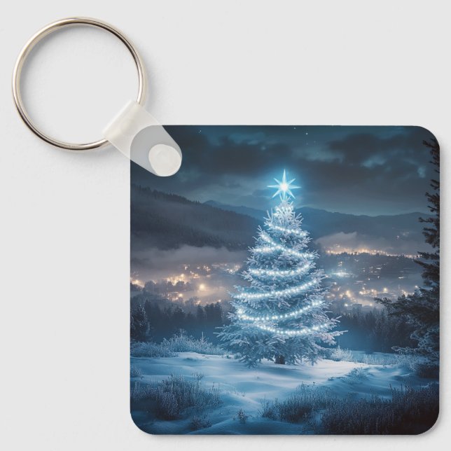 Blue Glowing Winter Night Christmas Tree Key Ring (Front)