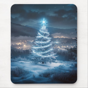 Blue Glowing Winter Night Christmas Tree Mouse Mat