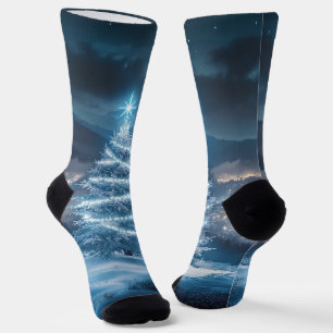Blue Glowing Winter Night Christmas Tree Socks