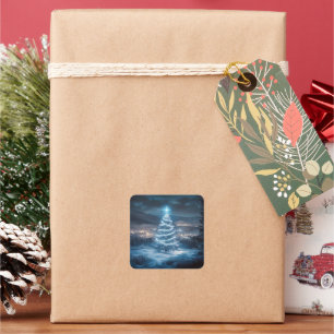 Blue Glowing Winter Night Christmas Tree Square Sticker