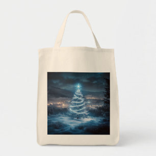 Blue Glowing Winter Night Christmas Tree Tote Bag