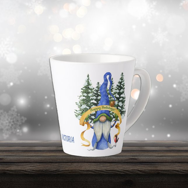 Blue Gnome Holiday Wishes Personalised Latte Mug (Creator Uploaded)