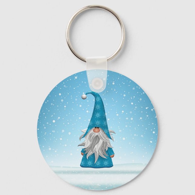 Blue Gnome On the Snow Key Ring (Front)