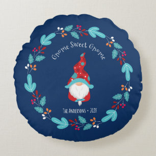 Blue Gnome Sweet Gnome Modern Elf Floral Wreath Round Cushion