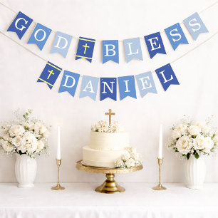 Blue God Bless 6 Letters Name Baptism Communion Bunting