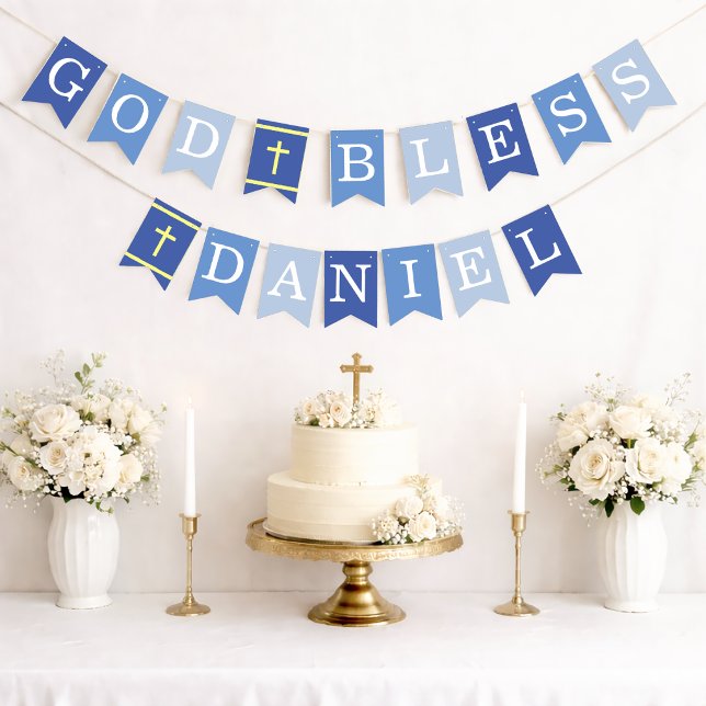 Blue God Bless 6 Letters Name Baptism Communion Bunting (Creator Uploaded)