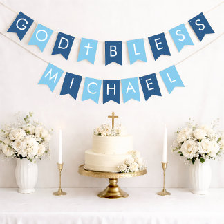 Blue God Bless 7 Letters Boy Baptism and Communion Bunting