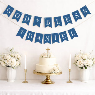 Blue God Bless Boy 6 Letter Name Baptism Communion Bunting