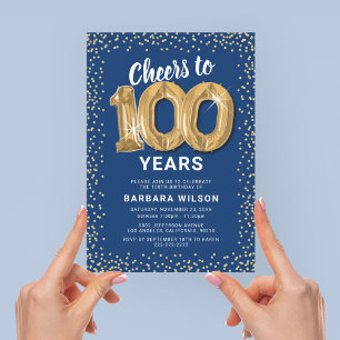 Blue Gold 100th Birthday Party Invitation