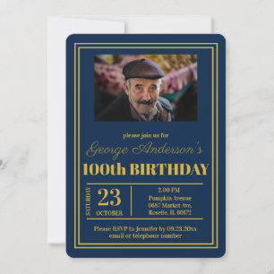 Blue Gold 100th Birthday Party Invitation