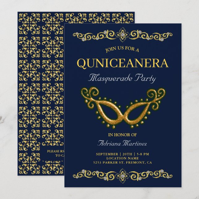 Blue Gold 15th Birthday Masquerade Quinceanera Invitation (Front/Back)