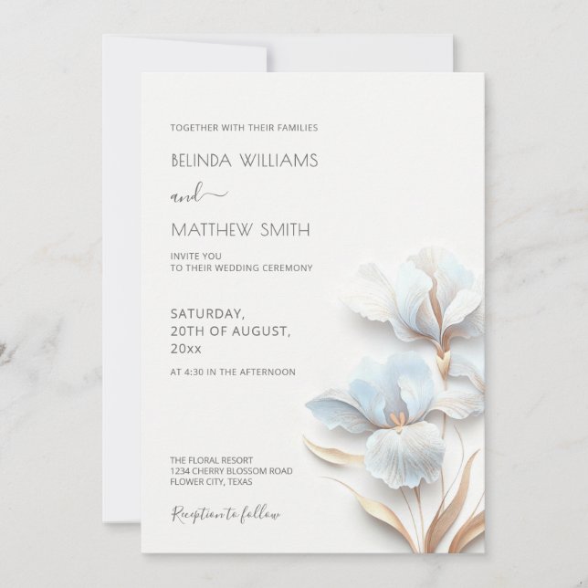 Blue Gold 3D Flowers  Invitation (Front)