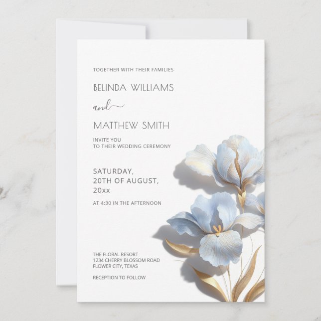 Blue Gold 3D Flowers  Invitation (Front)