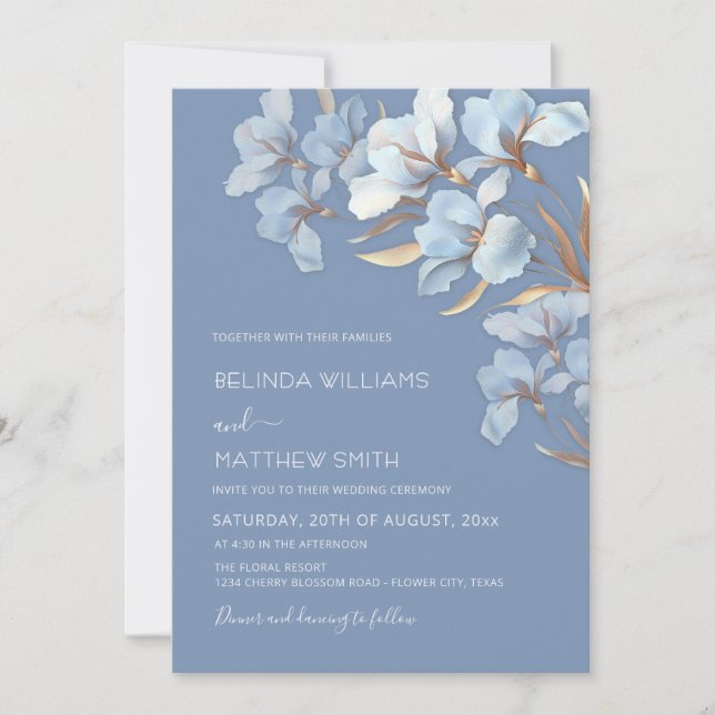 Blue Gold 3D Flowers  Invitation (Front)