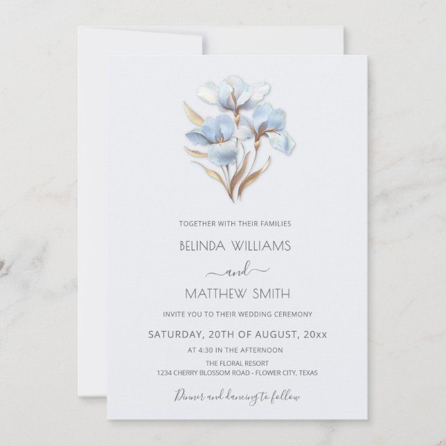 Blue Gold 3D Flowers  Invitation (Front)