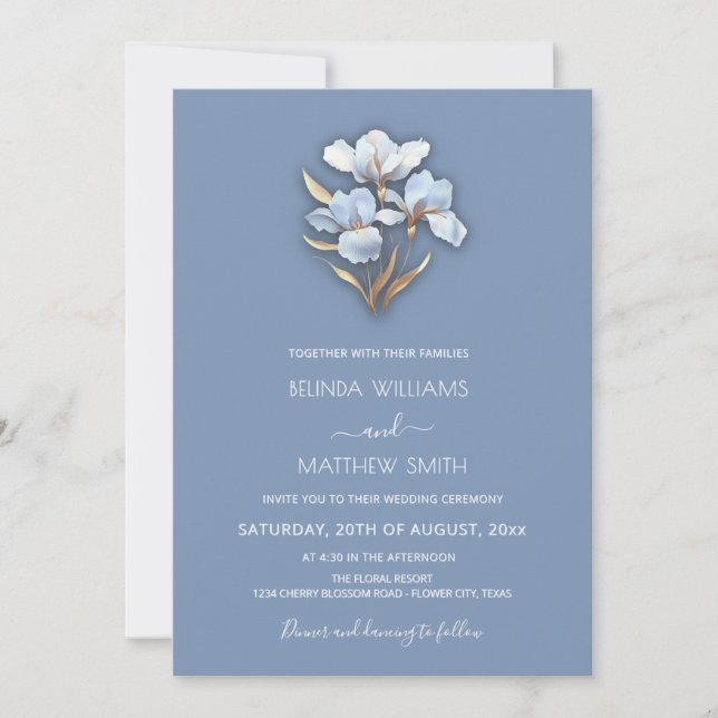 Blue Gold 3D Flowers  Invitation (Front)