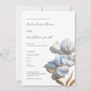 Blue Gold 3D Flowers White Invitation