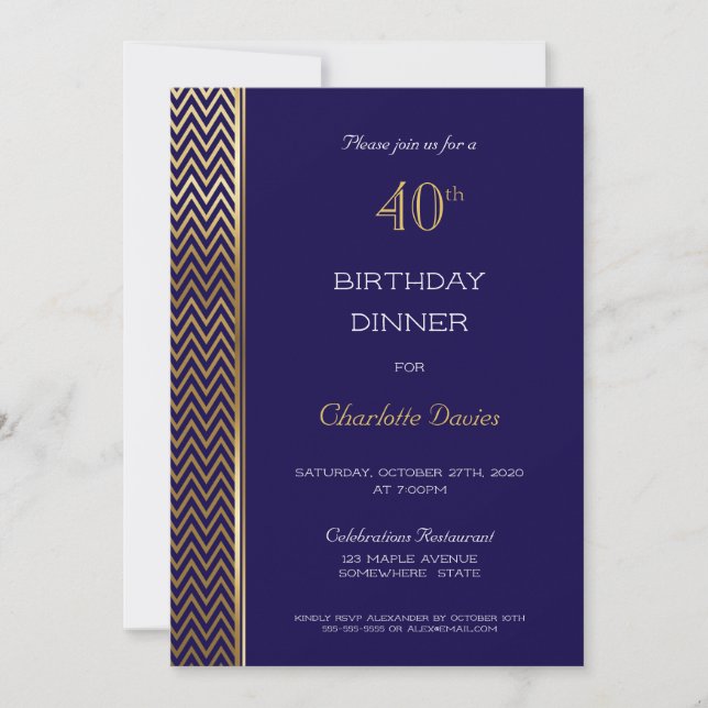 Blue Gold 40th Birthday Dinner Party Invitation (Front)