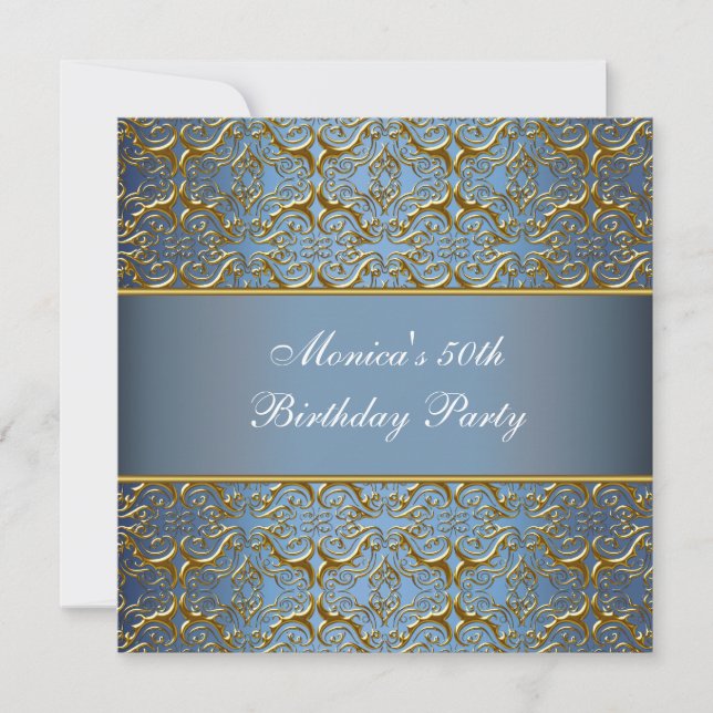 Blue Gold 50th Birthday Invitation Elegant 50 (Front)