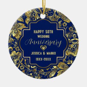 Blue & Gold 50th Wedding Anniversary  Ceramic Tree Decoration