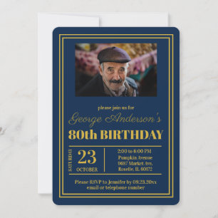 Blue Gold 80th Birthday Party Invitation