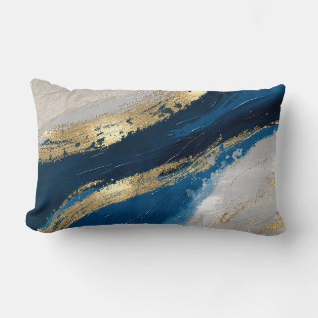 Blue Gold Abstract Brushstrokes Chic Modern Lumbar Cushion (Front)