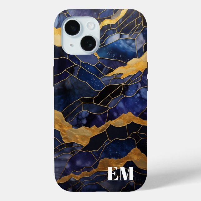 Blue Gold Abstract Marble Monogram Initials Case-Mate iPhone Case (Back)