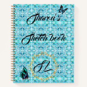 Blue Gold Abstract Monogram Butterfly Sketchbook Notebook
