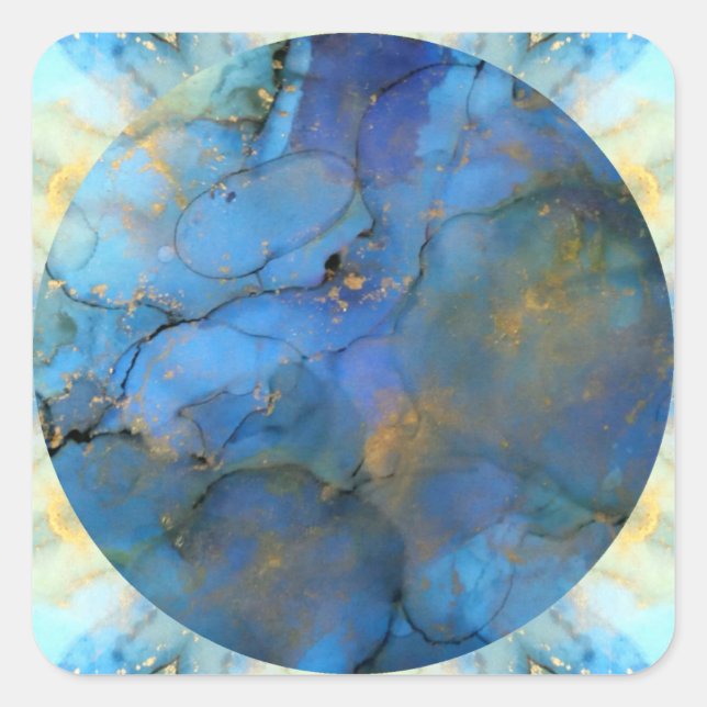 blue gold abstract scifi orb earth square sticker (Front)