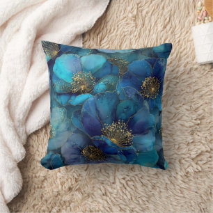 Blue Gold Abstract Watercolor Florals  Cushion