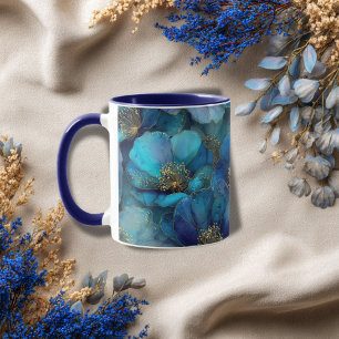 Blue Gold Abstract Watercolor Florals  Mug