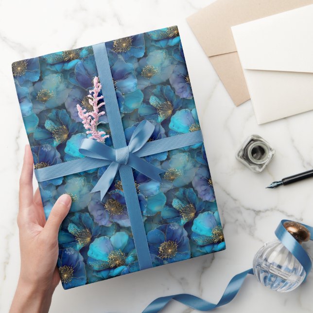 Blue Gold Abstract Watercolor Florals  Wrapping Paper (Gifting)