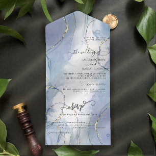 Blue Gold Accent Summer Wedding All In One Invitation