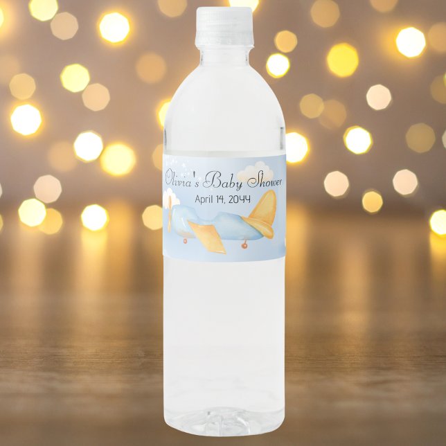 Blue Gold Aeroplane Clouds, Cute Boy Baby Shower  Water Bottle Label (Creator Uploaded)