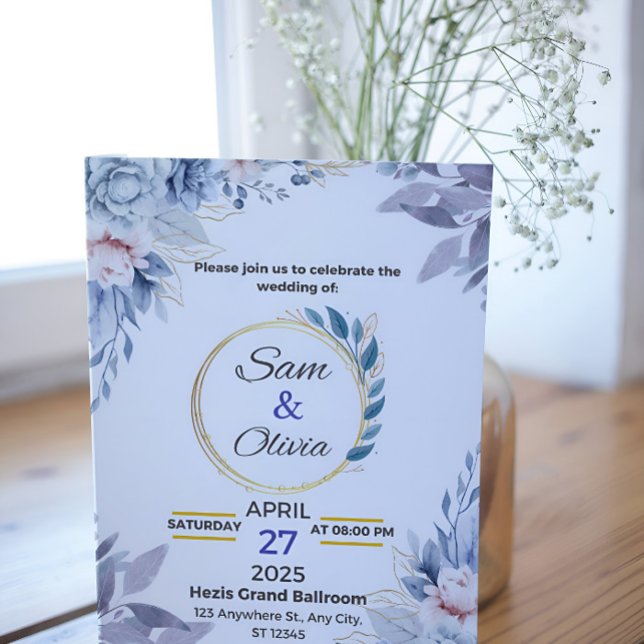 Blue Gold Aesthetic Watercolor Flower Wedding  Invitation (Creator Uploaded)