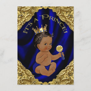 Blue Gold African American Prince Baby Shower Invitation