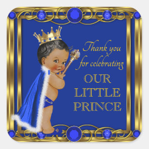 Blue Gold African American Prince Baby Shower Square Sticker