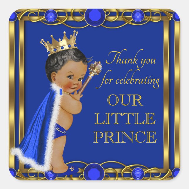 Blue Gold African American Prince Baby Shower Square Sticker (Front)