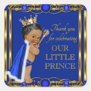 Blue Gold African American Prince Baby Shower Square Sticker