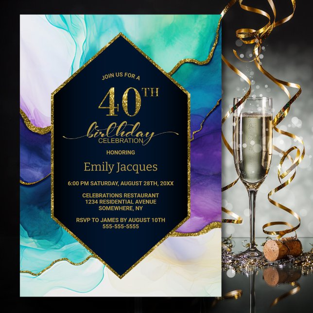 Blue Gold Agate 40th Birthday Party Invitation (Creator Uploaded)