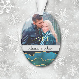 Blue Gold Agate Abstract Married & Merry Christmas Ornament