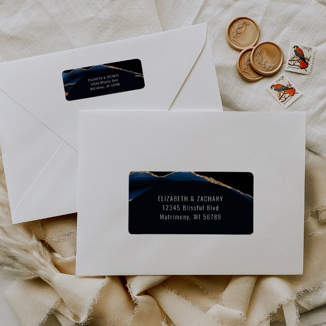 Blue Gold Agate Arch Wedding Return Address Label (Creator Uploaded)