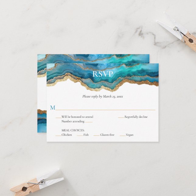 Blue Gold Agate Bat or Bar Mitzvah Reply RSVP Invitation (Front/Back In Situ)