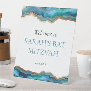 Blue Gold Agate Bat or Bar Mitzvah Welcome Pedestal Sign