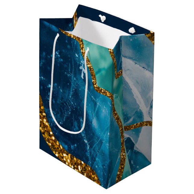 Blue & Gold Agate Geode Glitter Medium Gift Bag (Front Angled)