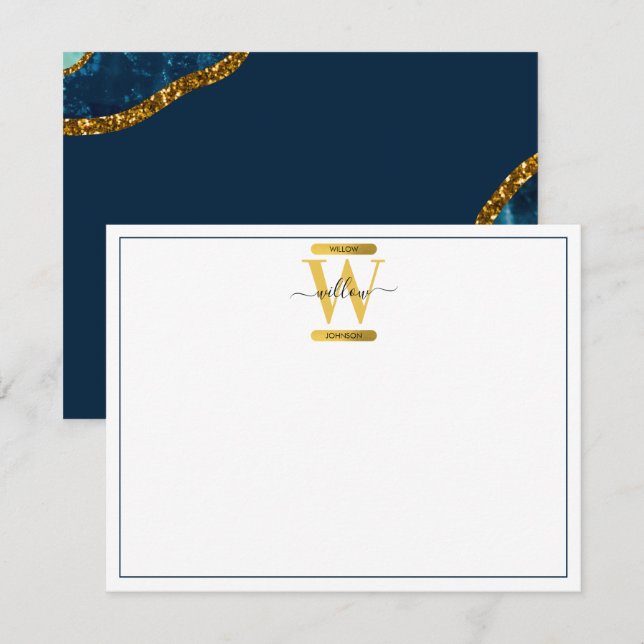 Blue & Gold Agate Geode Glitter Monogram Card (Front/Back)