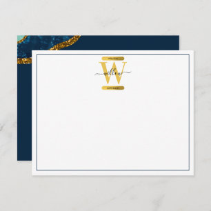 Blue & Gold Agate Geode Glitter Monogram Card