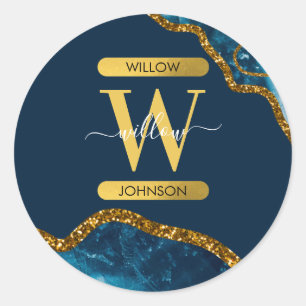 Blue & Gold Agate Geode Glitter Monogram  Classic Round Sticker