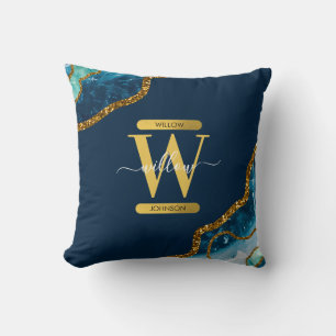 Blue & Gold Agate Geode Glitter Monogram Cushion
