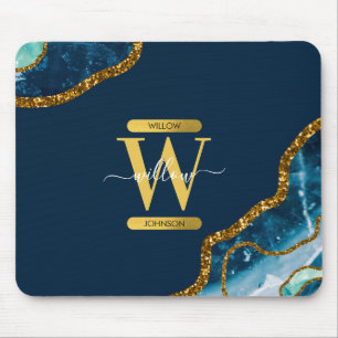 Blue & Gold Agate Geode Glitter Monogram Mouse Mat